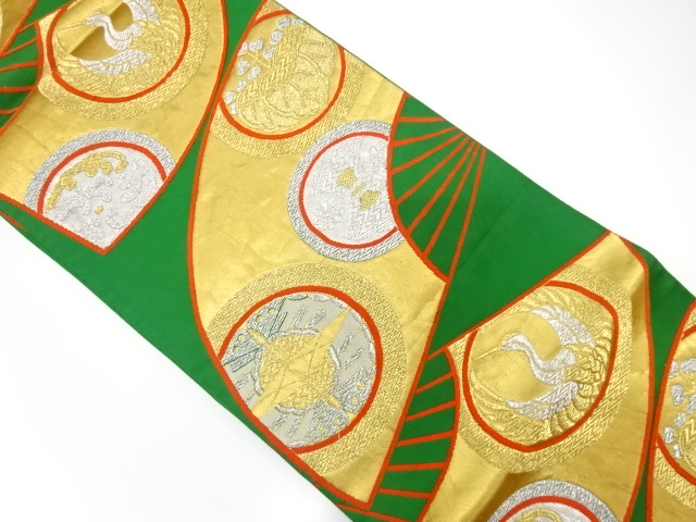 JAPANESE KIMONO / ANTIQUE FUKURO OBI / SILK / WOVEN CRANE & PAULOWNIA